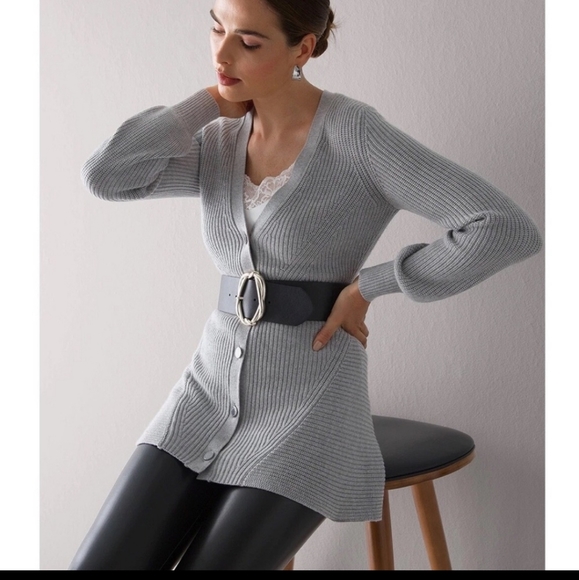 White House Black Market GRAY Button knit ribbed STRUCTURED CARDIGAN Sweater XS - Picture 4 of 11